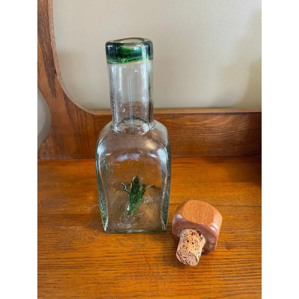 Casta Green Hand Blown Tequilla Bottle w/ Glass Agave Inside & Wood / Cork Top